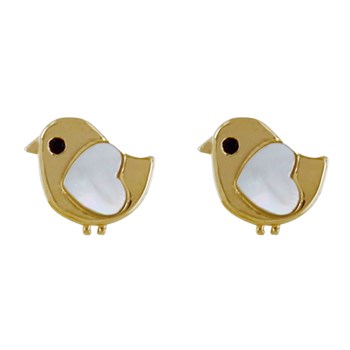 Boucles d'Oreilles Plaqué Or Petit Oiseau et Coeur de Nacre