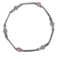 Bracelet Elastique Tubes Argent Rhodié Huit Perles de Larimar Facettées 6 Perles de Quartz Rose
