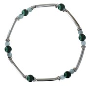 Bracelet Elastique Tubes Argent Rhodié Huit Perles de Larimar Facettées 6 Perles de Malachite