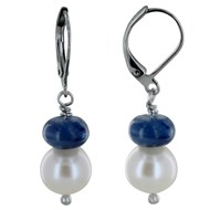 Boucles d'Oreilles Argent Rhodié Perle de Culture Blanche et Anneau de Cyanite
