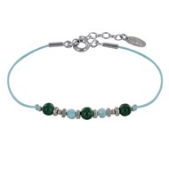 Bracelet Lien Trois Perles de Malachite et Deux Perles Facettées de Larimar - Bleu ciel