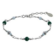 Bracelet Argent Rhodié Trois Perles de Malachite Deux Perles de Larimar Facettées et Quatre Anneaux de Larimar Facettés
