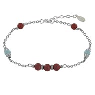 Bracelet Argent Rhodié Cinq Perles de Jaspe Rouge Deux Perles de Larimar Facettées et Perles Argent
