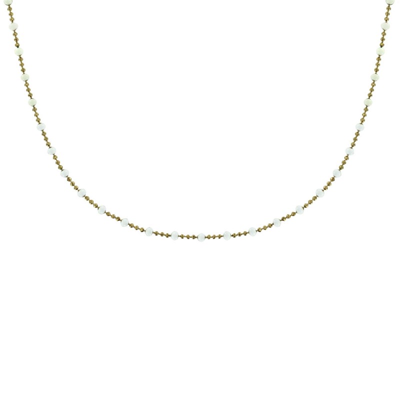 Collier Plaqué Or Chaine Billes et Perles Émaillées - Blanc