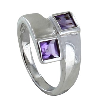 Bague Argent 925 Rhodié Toi et Moi Carré Améthyste