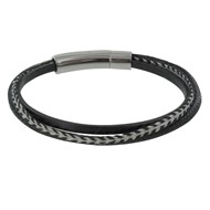 Bracelet Homme Cuir Noir Trois Liens - taille 19 cm