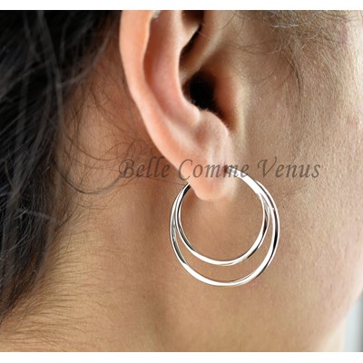 Boucles d'oreilles femme créole 2 cercles Argent 925 Rhodié - vue V2