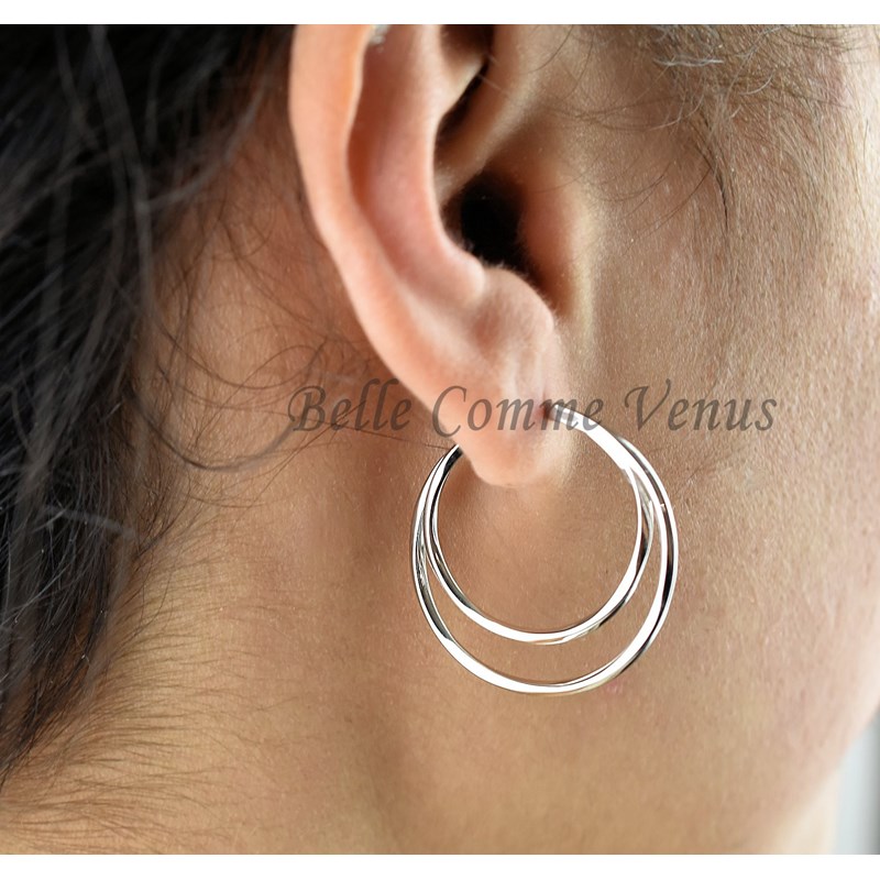 Boucles d'oreilles femme créole 2 cercles Argent 925 Rhodié - vue V2