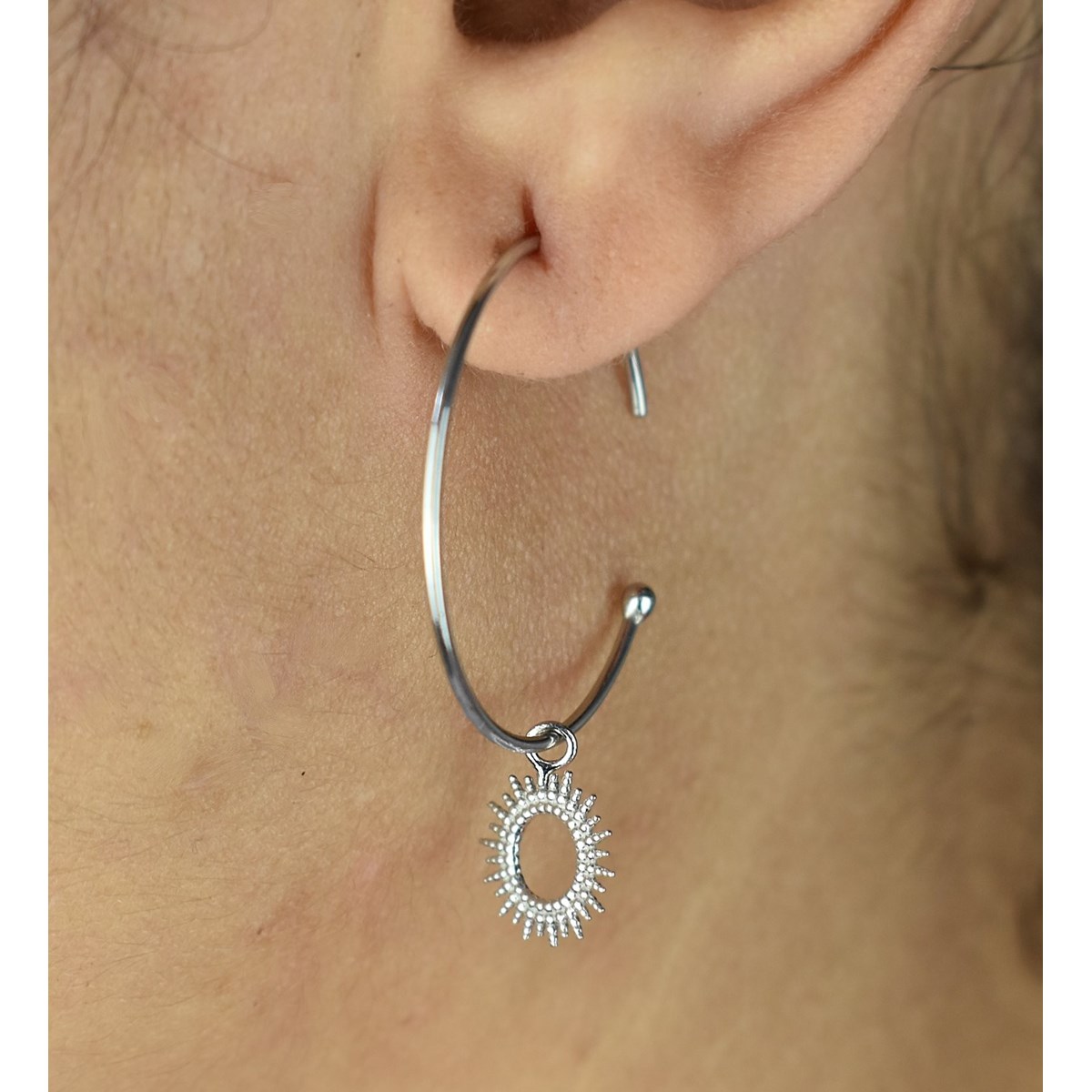 Boucles d'oreilles créole soleil pendant Argent 925 Rhodié - vue 2