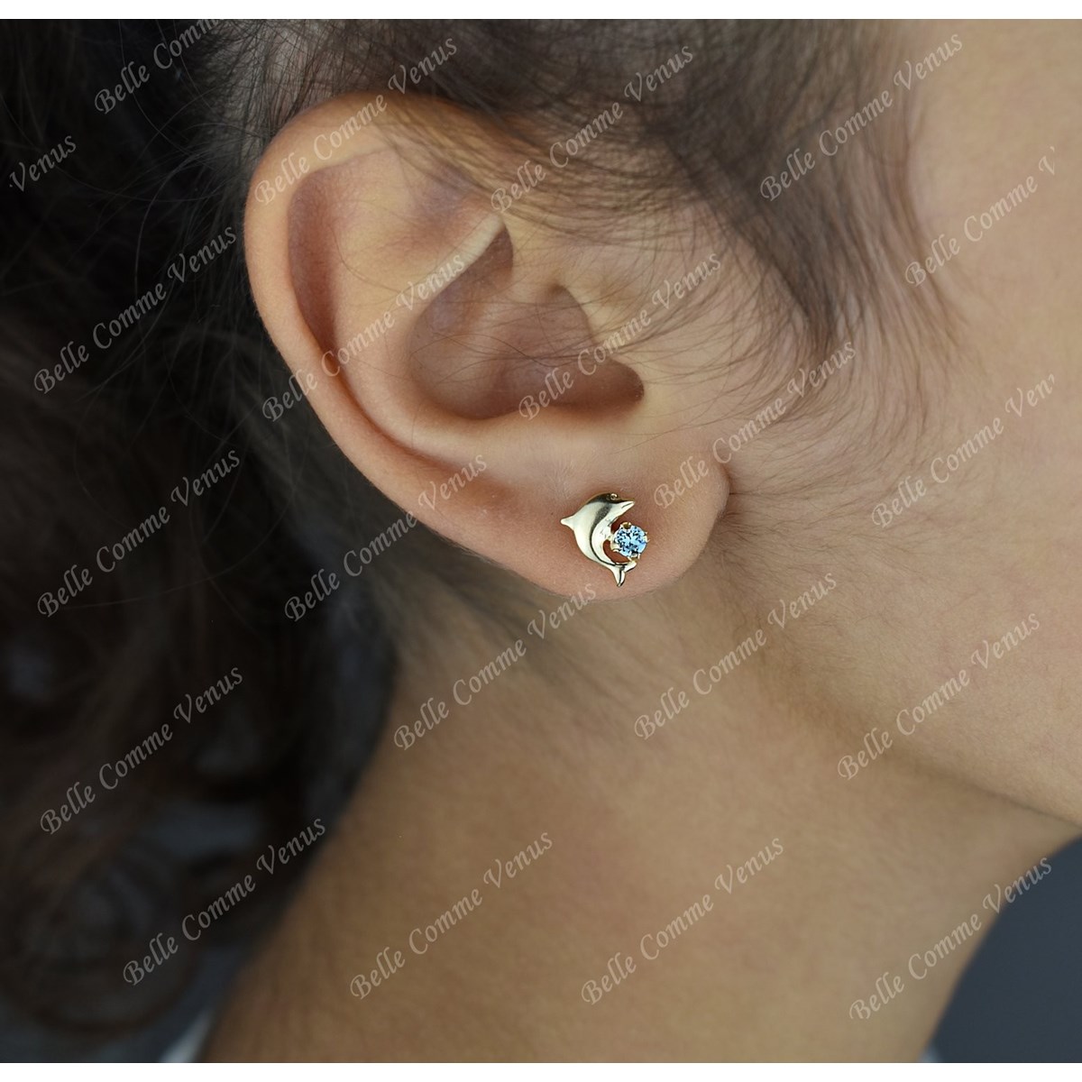 Boucles d'oreilles dauphin cristal bleu turquoise Plaqué OR 750 3 microns - vue 3