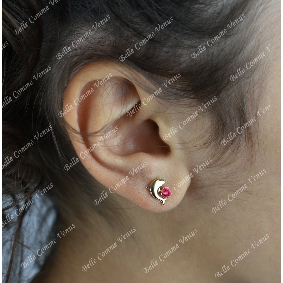 Boucles d'oreilles dauphin cristal rose Plaqué OR 750 3 microns - vue 2