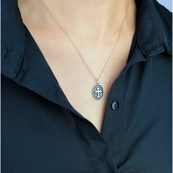 Collier croix fleur de lys sertie d'oxyde de zirconium émail noir Plaqué OR 750 3 microns