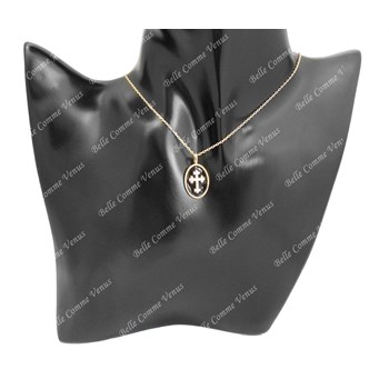 Collier croix fleur de lys sertie d'oxyde de zirconium émail noir Plaqué OR 750 3 microns