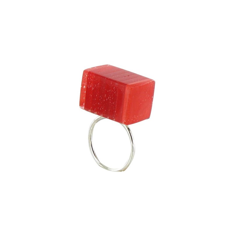 Bague Rectangle en Argent et Verre Feuilleté Rouge