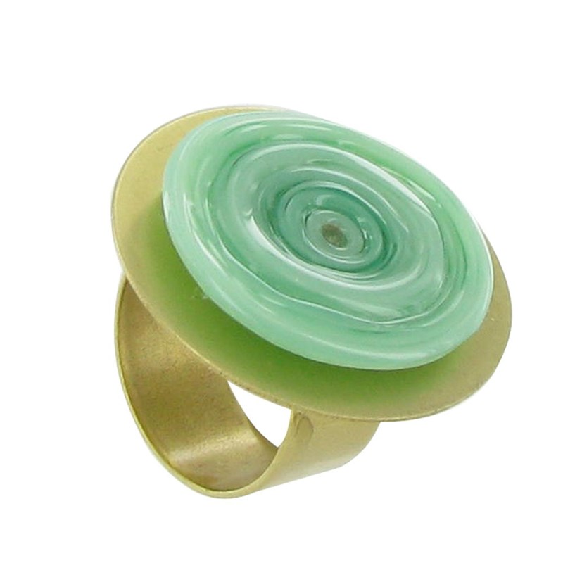 Bague Disque en Laiton Pâte de Verre Vert d'Eau