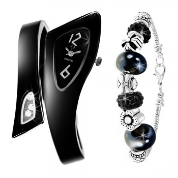 Coffret montre Lyana noire SC Crystal ornée de Cristaux scintillants et son bracelet mode