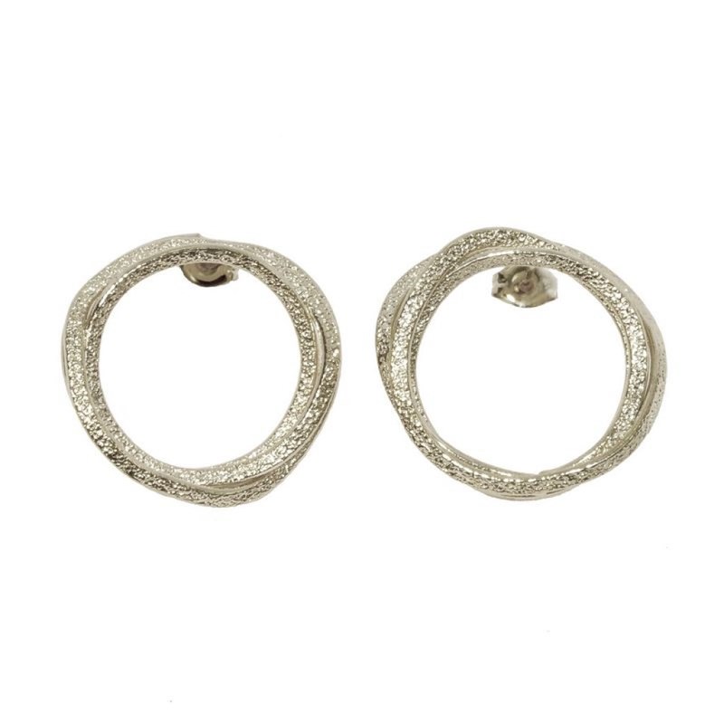 Boucles d'oreilles en plaqué argent faites main avec cercles texturés métalliques - Bijou de créateur