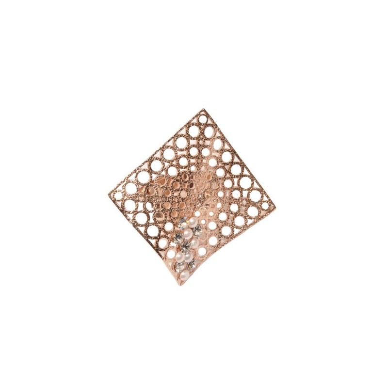 Bague ajustable en plaqué or rose avec métal géométrique, perles et cristaux - Bijou de créateur