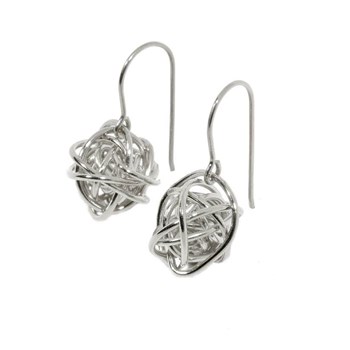Handmade silver-plated dangling earrings with a small metallic planet - Designer jewelry