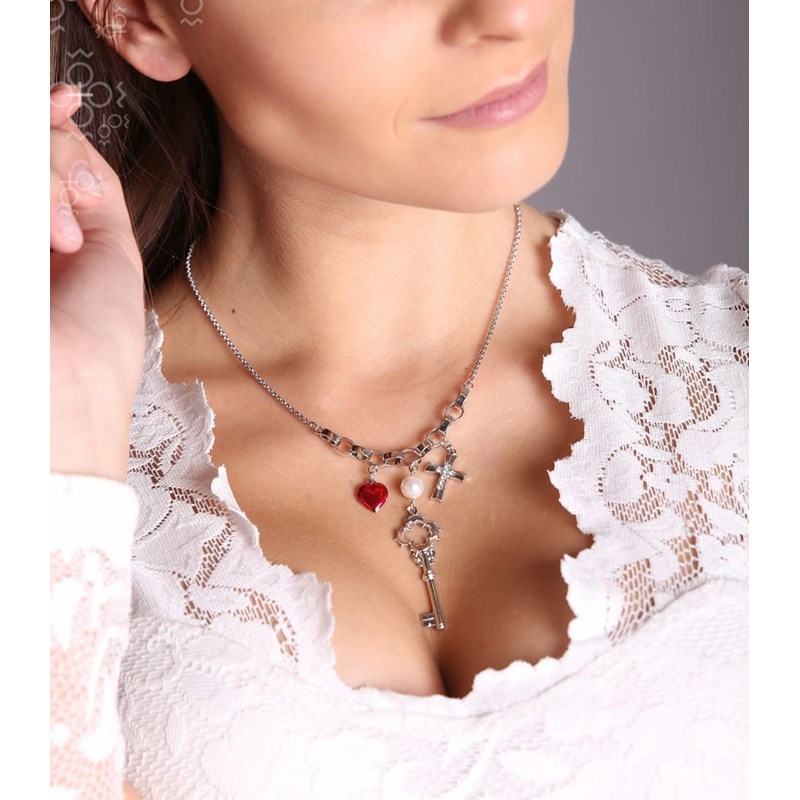 Collier ras du cou cristal Swarovski blanc et rouge en plaqué Or Blanc et rhodié - vue 2