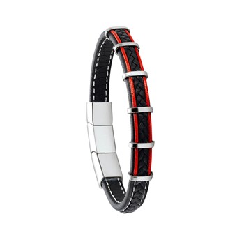 Bracelet KESSEL, cuir noir et rouge, acier inoxydable