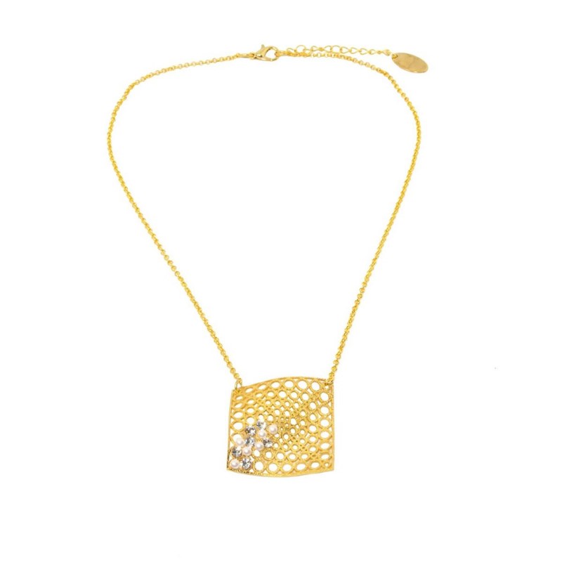 Collier ras du cou en plaqué or, chaîne, métal géométrique avec perles et cristaux - Bijou de créateur