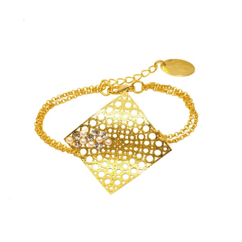 Bracelet souple en plaqué or avec chaînes, métal géométrique avec perles et cristaux - Bijou de créateur