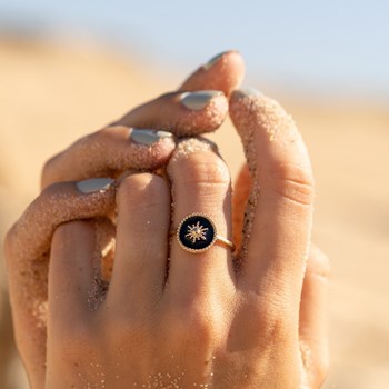 Bague Fine Médaillon Soleil Noir Plaqué Or