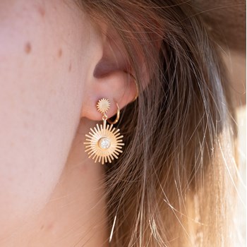 Boucles d'Oreilles Pendantes Plaqué Or Rayons Soleil Pierre Precieuse Strass Zirconium