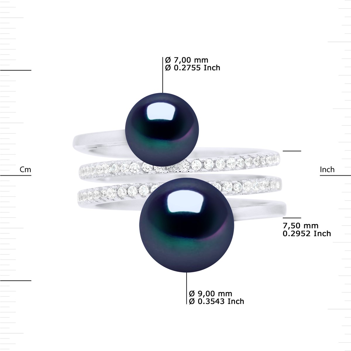 Bague DUO Perles d'Eau Douce 7 et 9 mm Noires Joaillerie Argent 925 - vue 3