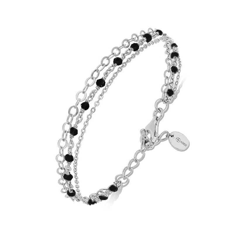 Bracelet Argent Triple Chaine Petite Perles Spinelle Noire