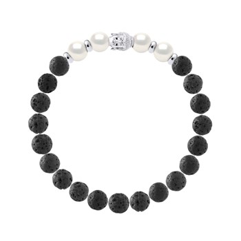 Bracelet BUDDAH Véritables Perles de Culture Colori BLANC NACRE - Pierre de Lave Naturelle - Argent 925