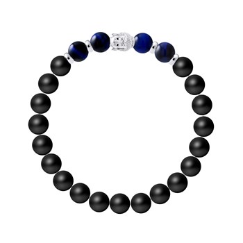 Bracelet BUDDAH OEil de Faucon (OEil de Tigre Bleu ) - Agate Noire Matte en Argent 925