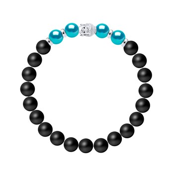 Bracelet BUDDAH Véritables Perles de Culture Colori BLEU TURQUOISE - Agate Noire Matte - Argent 925
