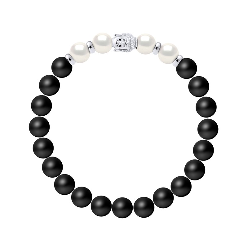 Bracelet BUDDAH Véritables Perles de Culture Colori BLANC NACRE - Agate Noire Matte - Argent 925