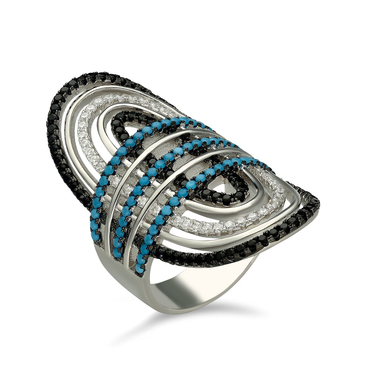 Bague Argent Ellipse Moderne Rhodiée Sertie Turquoise - vue 2