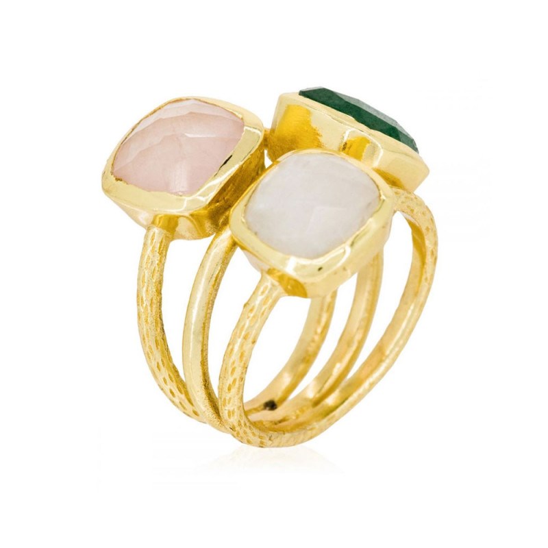 Bague dorée 'Elsa' Aventurine verte, Quartz rose et Pierre de lune