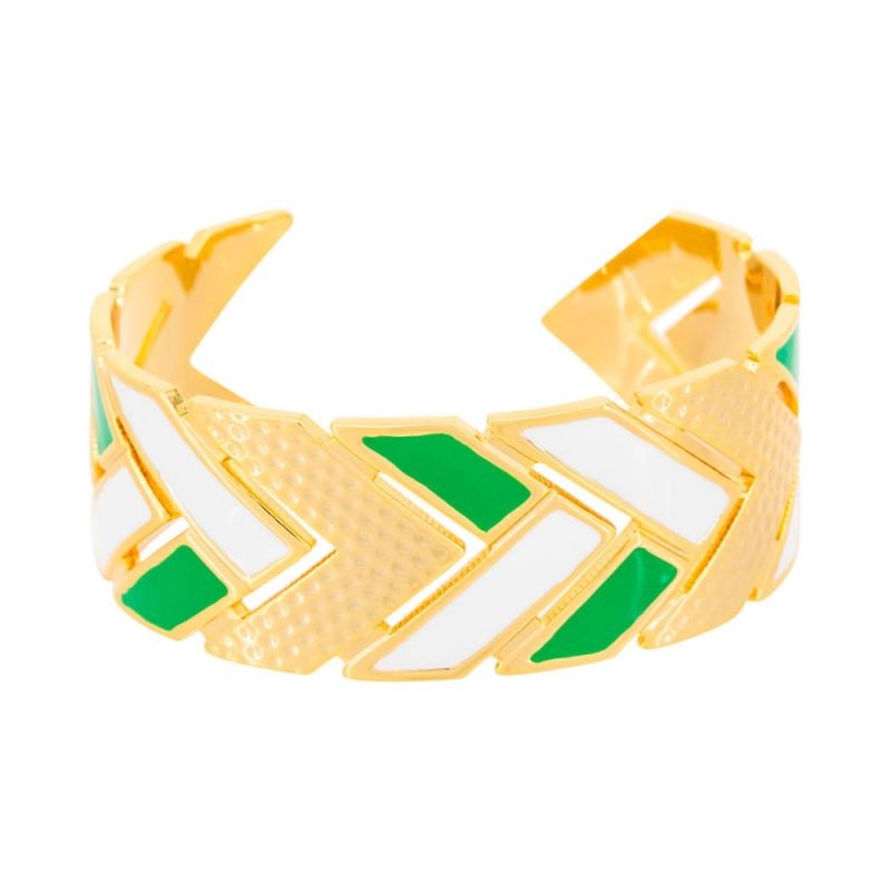 Bracelet manchette 'LISBONNE' émail blanc et vert finition dorée