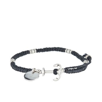 Bracelet Homme en corde cirée, perles argenté et ancre acier