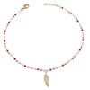 Chaîne de cheville plume pendante perles Miyuki rouges roses et blanches Plaqué OR 750 3 microns - vue V1