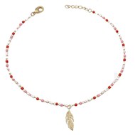 Chaîne de cheville plume pendante perles Miyuki rouges roses et blanches Plaqué OR 750 3 microns