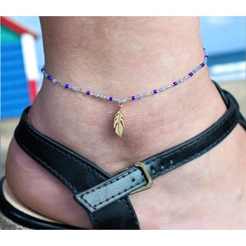 Verguld 750 3 micron Miyuki blauwe verloop parels enkelbandje met veer hanger