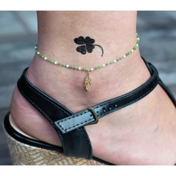 Gold plated 750 3 microns Miyuki green gradient pearls ankle chain with feather pendant