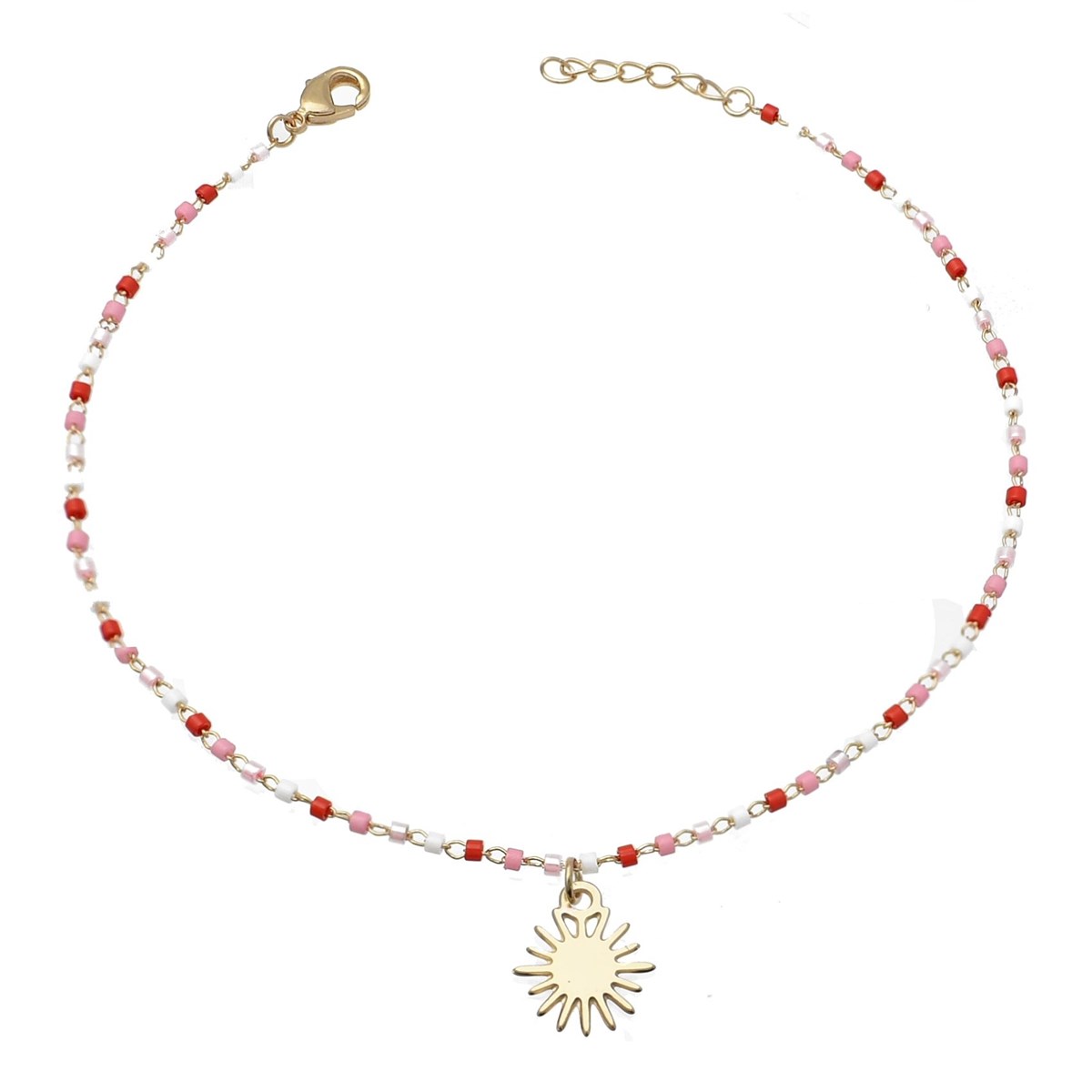 Chaîne de cheville soleil pendant perles Miyuki rouges roses et blanches Plaqué OR 750 3 microns