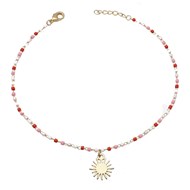 Chaîne de cheville soleil pendant perles Miyuki rouges roses et blanches Plaqué OR 750 3 microns