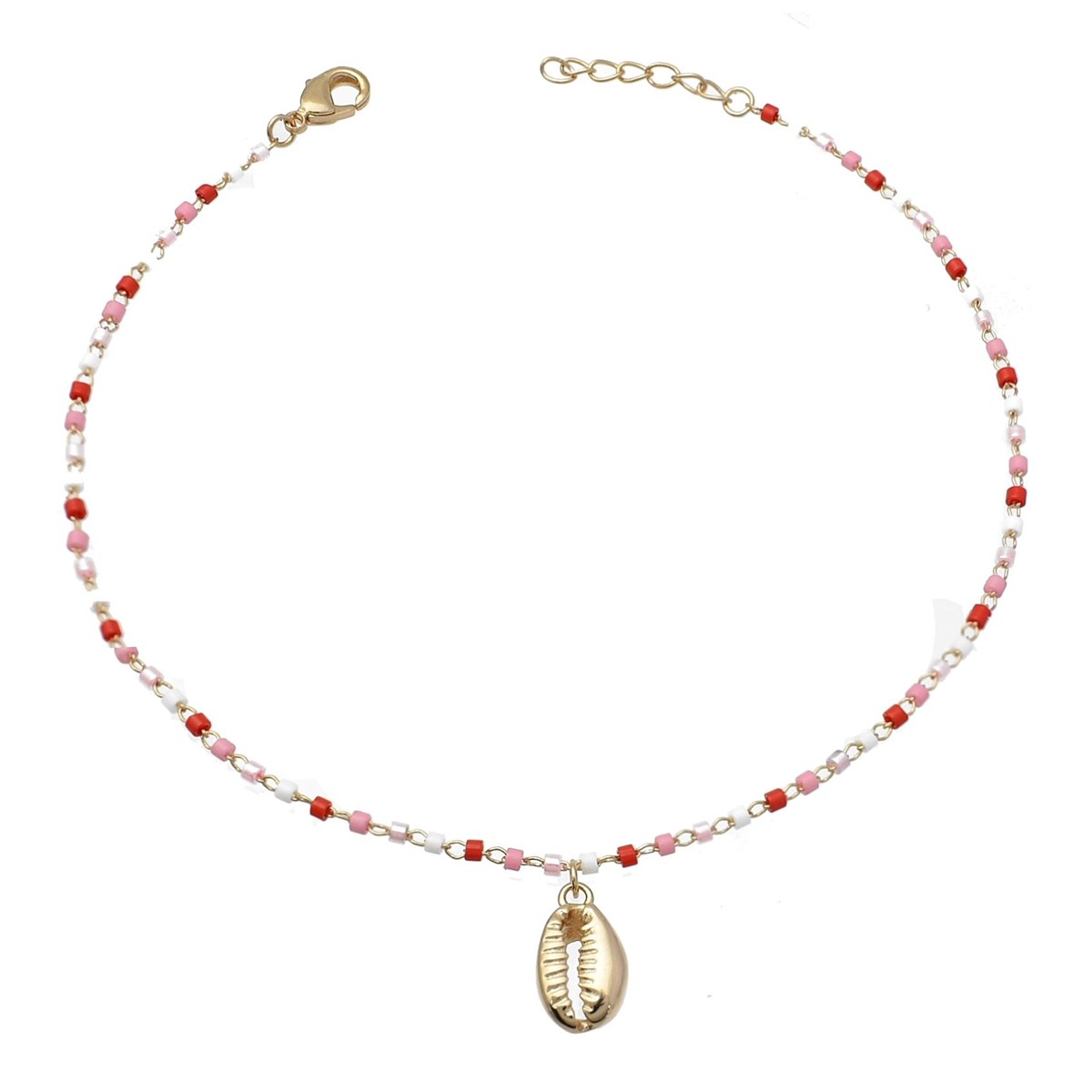 Chaîne de cheville coquillage cauri pendant perles Miyuki rouges roses et blanches Plaqué OR 750 3 microns