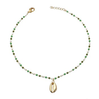 Chaîne de cheville coquillage cauri pendant perles Miyuki dégradé de vert Plaqué OR 750 3 microns