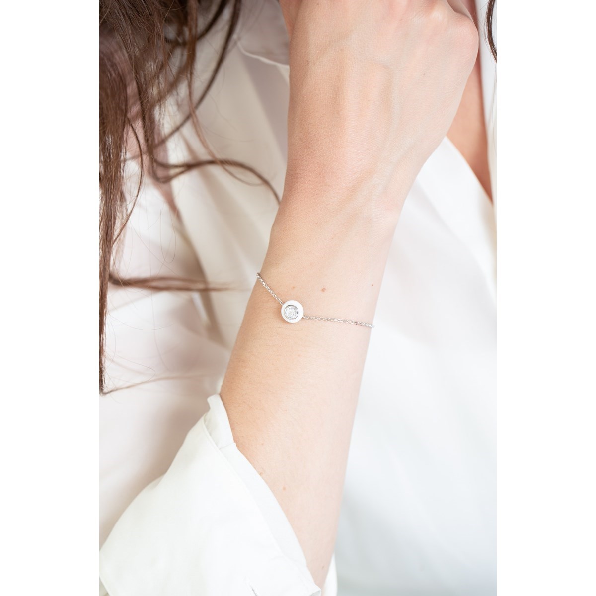 Bracelet souple mono-motif en Argent 925 millièmes et céramique - blanc brillant - vue 2