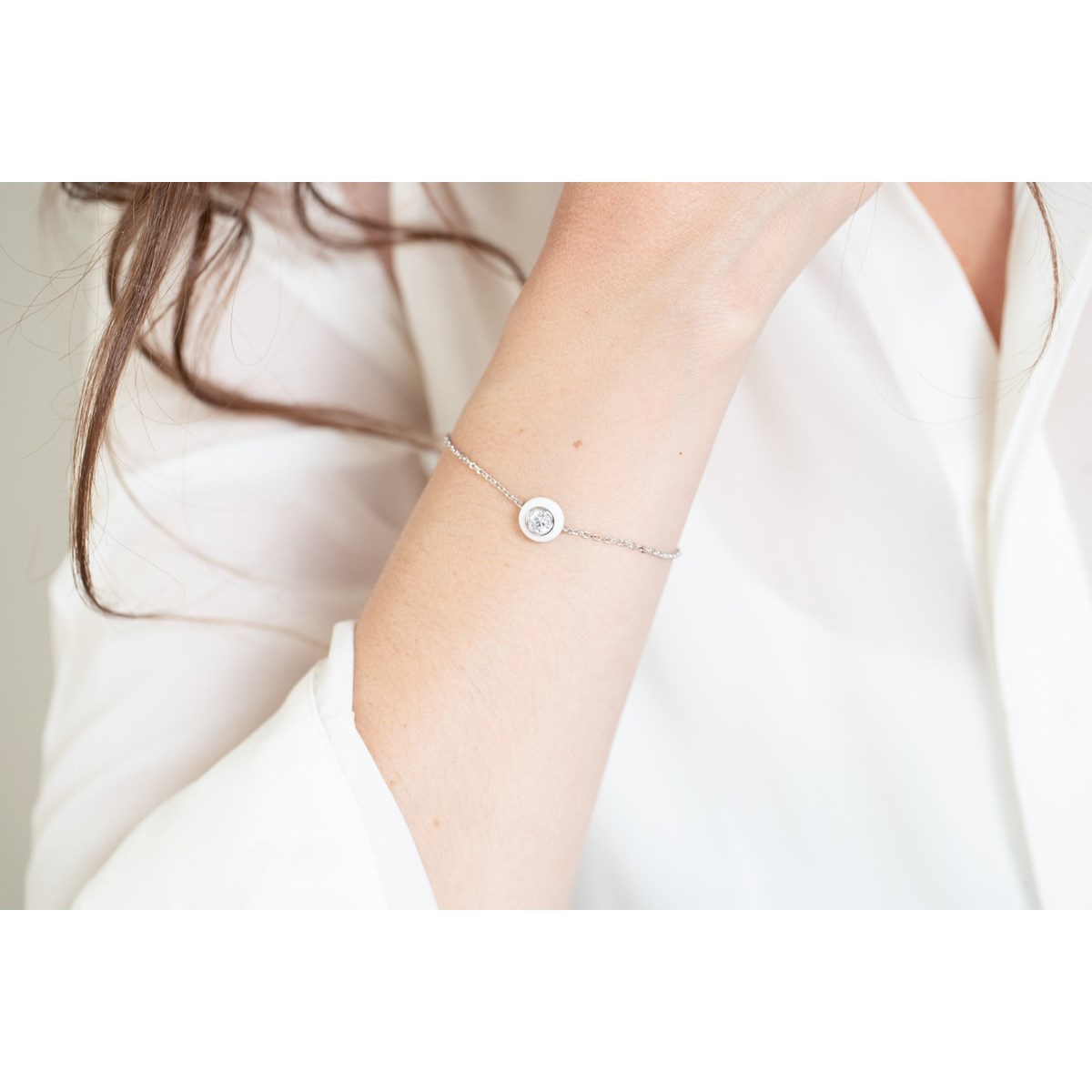 Bracelet souple mono-motif en Argent 925 millièmes et céramique - blanc brillant - vue 3
