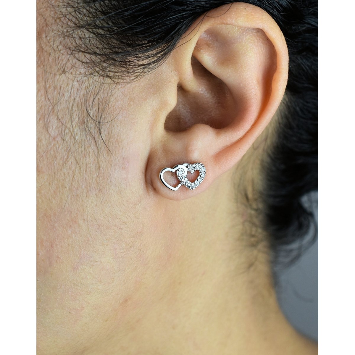 Boucles d'oreilles 2 coeurs enlacés oxyde de zirconium Argent 925 Rhodié - vue 2